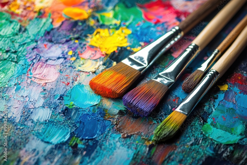 Fototapeta premium Bright splashes of color cover a palette, while paintbrushes lie on an abstract canvas, showcasing a creative artistic process. Generative AI