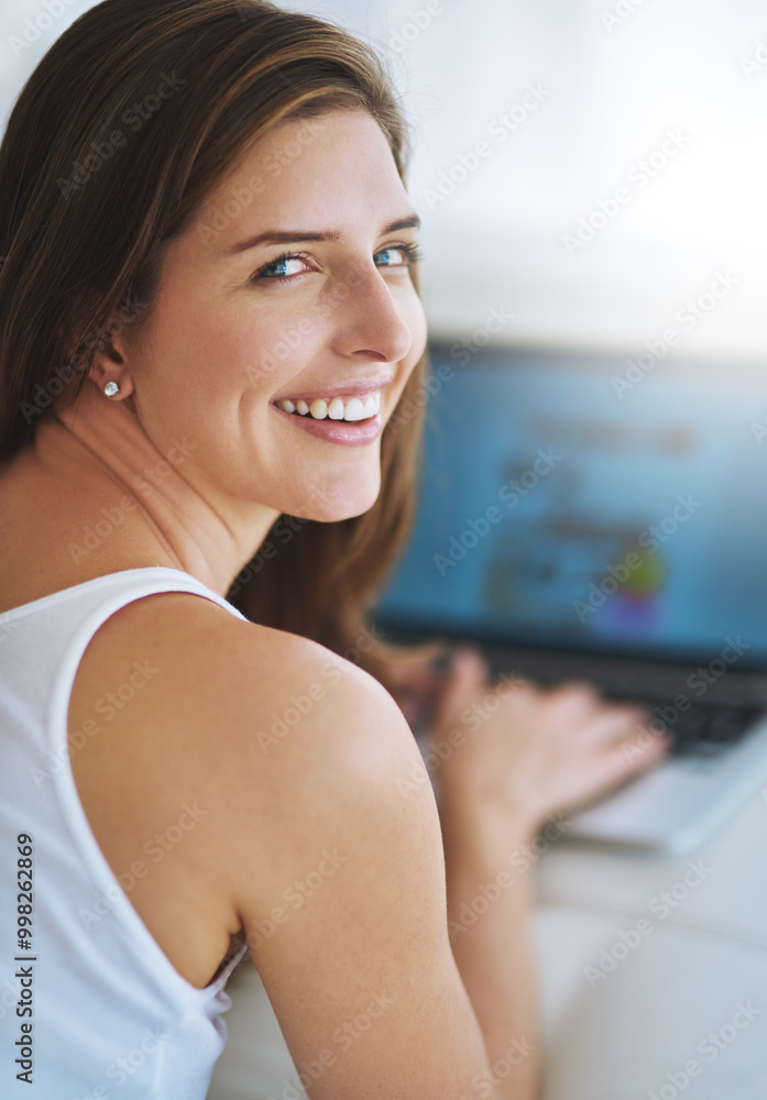 Naklejka premium Woman portrait, home and laptop for social media search, relaxing and website for online shopping. Female person, check morning news and internet for article subscription, living room and weekend