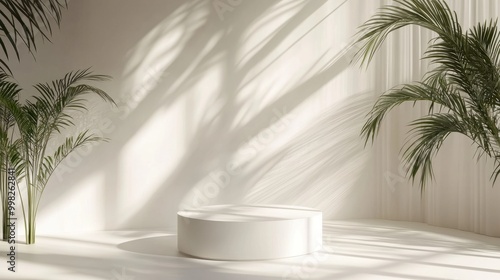 Clean, minimalist room with a white pedestal, bathed in soft natural light, and gentle plant shadows creating texture.