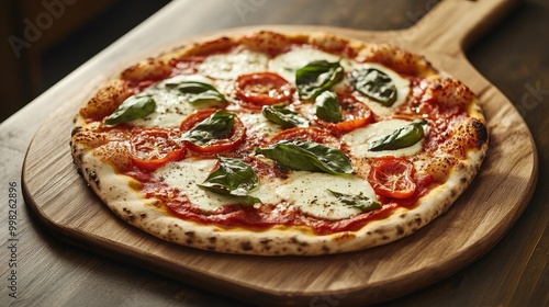 A vibrant image of a traditional Margherita pizza with a perfectly crispy crust, fresh mozzarella, tomatoes, and basil, placed on a wooden pizza peel, highlighting classic Italian cuisine.