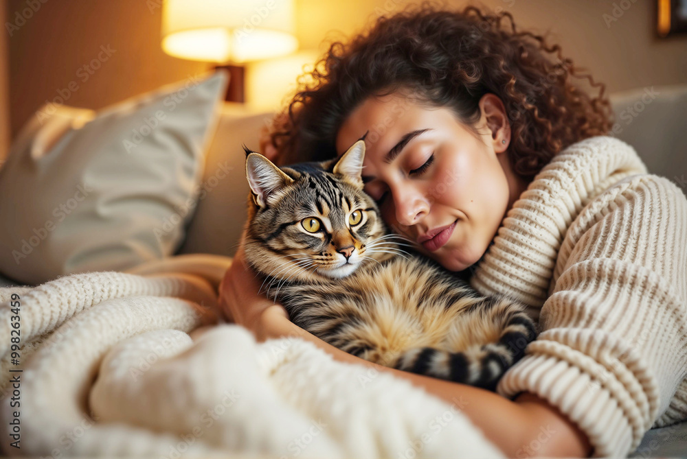 Woman interacts with her pet cat Woman interacts with her pet cat