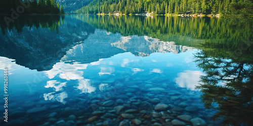 Crystal-Clear Mountain Lake: The tranquil surface of a high-altitude lake reflecting the surrounding peaks.