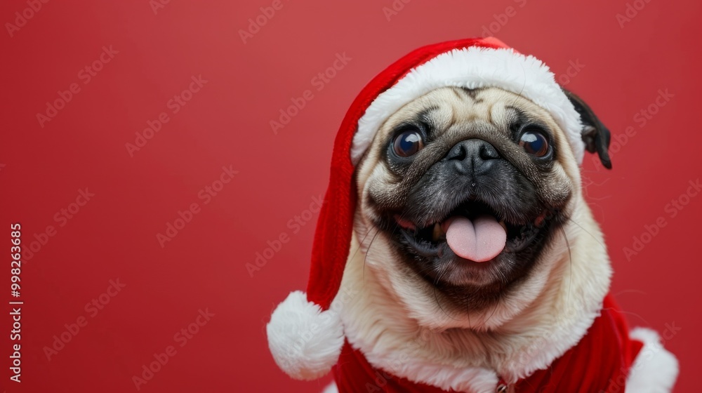 A pug dog is wearing a Santa hat and smiling A pug dog is wearing a Santa hat and smiling