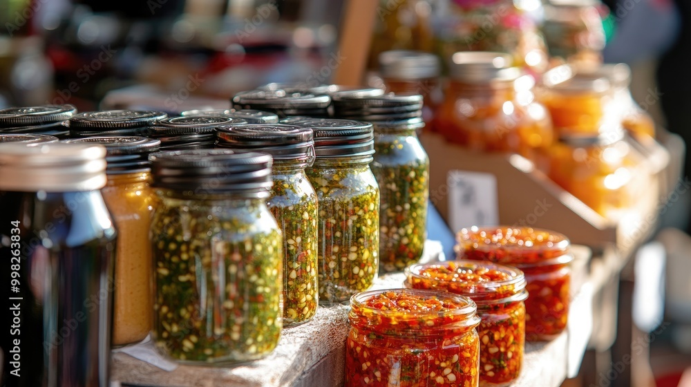 A vibrant market stall filled with homemade sauces, with jars of chili, garlic, and herb-infused blends, capturing the essence of local culinary craftsmanship A vibrant market stall filled with homemade sauces, with jars of chili, garlic, and herb-infused blends, capturing the essence of local culinary craftsmanship