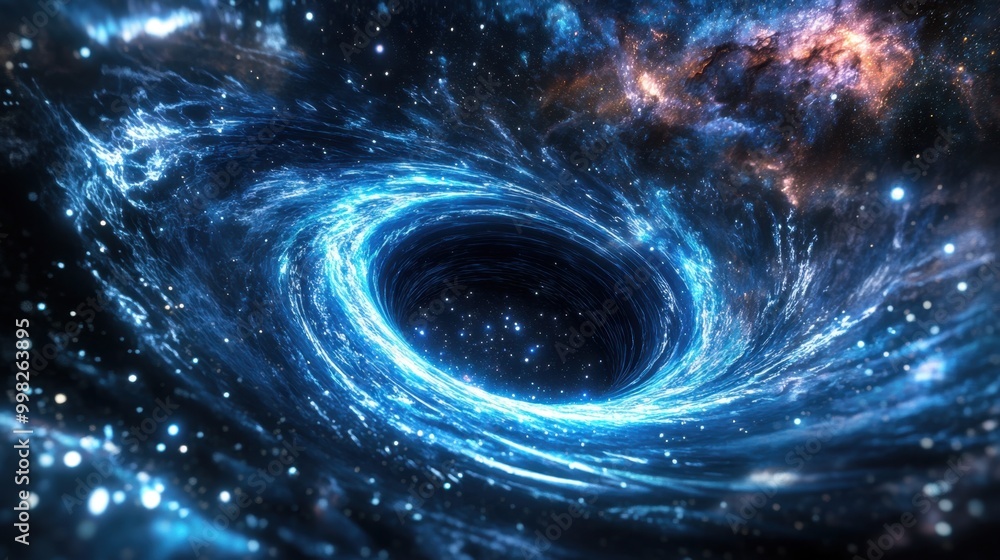 3D render of a black hole spinning with glowing blue and silver rings, surrounded by cosmic particles and deep space background.