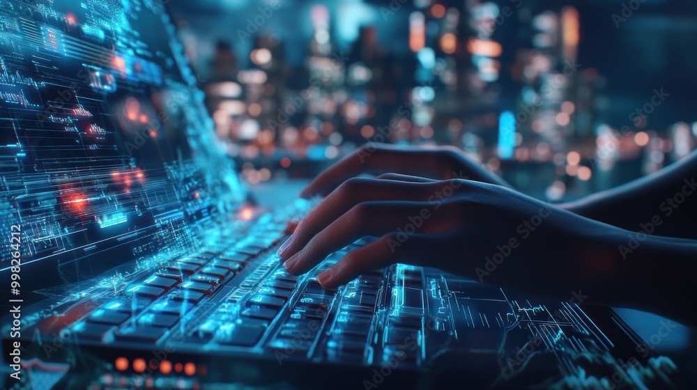 Cyberpunk Hands Typing on a Laptop with a Futuristic Interface Cyberpunk Hands Typing on a Laptop with a Futuristic Interface