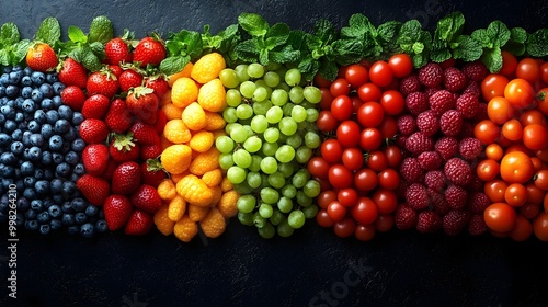 balanced diet with organic food for healthy nutrition. organic fruits, vegetables, and grains arranged neatly to represent a balanced, plant-based diet. world vegan day, world vegetarian day