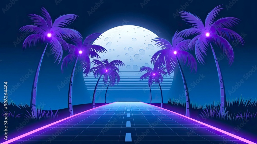 Naklejka premium Neon-infused synthwave abstract design of an empty road with palm trees and a glowing moon at the horizon. Evokes a retro-futuristic vibe, ideal for 80s-inspired visuals and digital art.