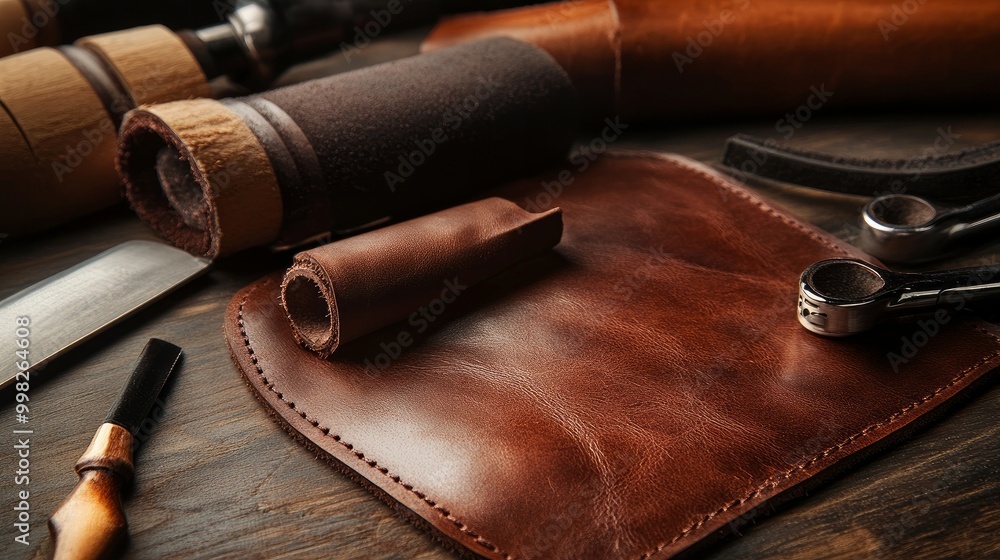 Genuine leather phone case with handcrafted workmanship on a leather backdrop Genuine leather phone case with handcrafted workmanship on a leather backdrop