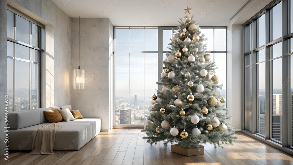 Modern Living Room with Frosted Christmas Tree by Large Windows Modern Living Room with Frosted Christmas Tree by Large Windows