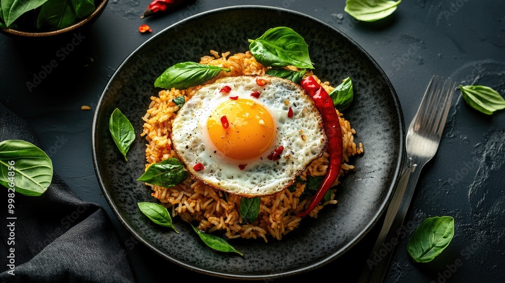 Φωτογραφία A vibrant plate of Thai basil fried rice topped with a perfectly fried egg, garnished with fresh Thai basil leaves and chili, capturing the essence of authentic Thai street food