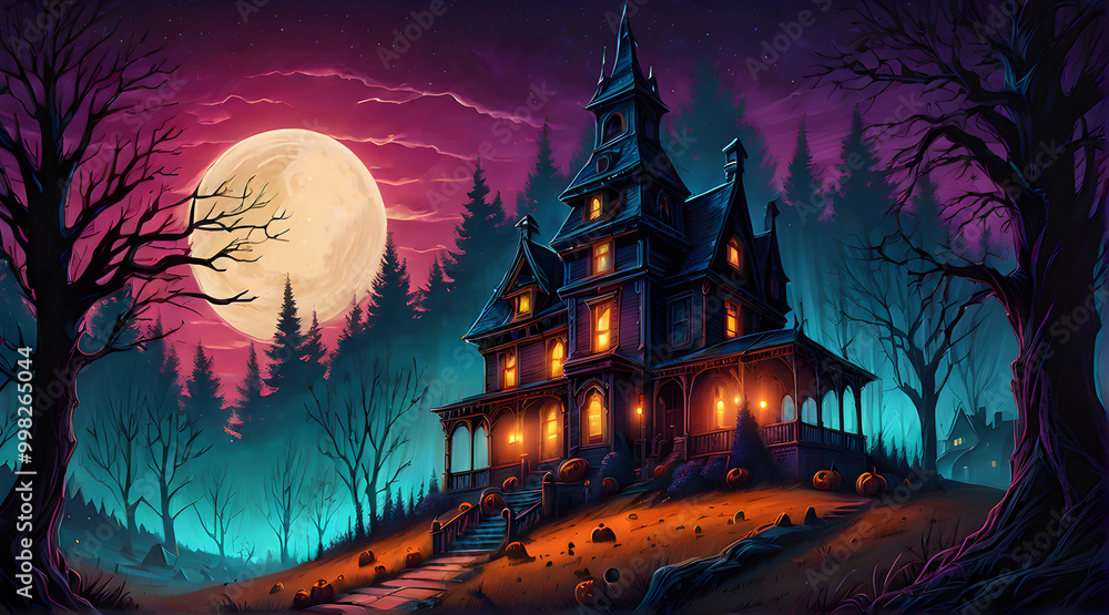 A spooky, old mansion with lit windows sits on a hill in a dark forest lit by a full moon. A spooky, old mansion with lit windows sits on a hill in a dark forest lit by a full moon.