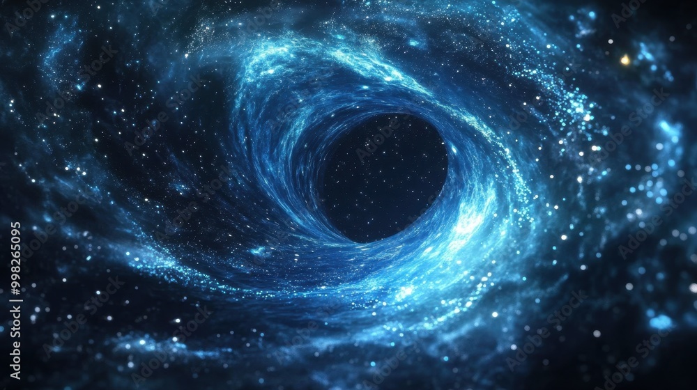 A mesmerizing black hole with luminous blue and silver rings, cosmic debris, and twinkling stars surrounding the swirling vortex. A mesmerizing black hole with luminous blue and silver rings, cosmic debris, and twinkling stars surrounding the swirling vortex.