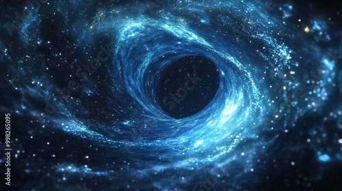 A mesmerizing black hole with luminous blue and silver rings, cosmic debris, and twinkling stars surrounding the swirling vortex.