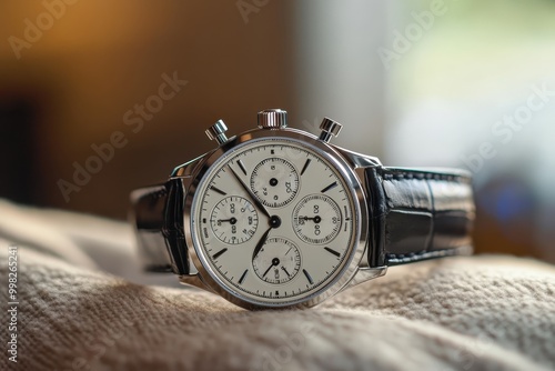 A close-up of a stylish chronograph watch with a leather strap on a textured surface. photo