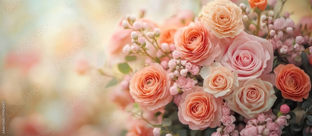 Close-up of a bouquet of delicate pink and peach roses with small pink flowers and green leaves. Close-up of a bouquet of delicate pink and peach roses with small pink flowers and green leaves.