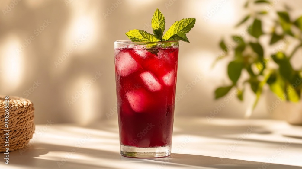 A refreshing berry juice in a tall glass garnished with mint leaves, beautifully arranged on a white background, highlighting the elegance and simplicity of the beverage A refreshing berry juice in a tall glass garnished with mint leaves, beautifully arranged on a white background, highlighting the elegance and simplicity of the beverage