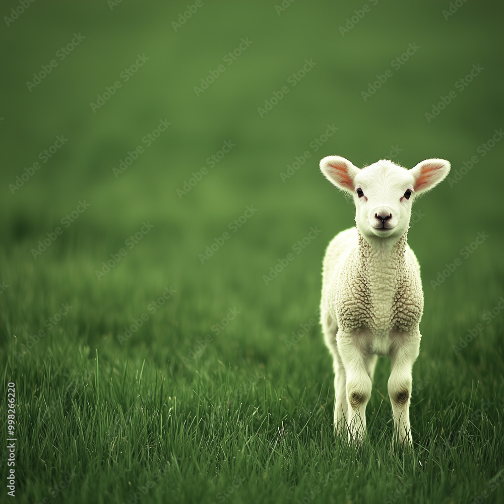 A curious white lamb stands on lush green grass in a serene nordic countryside. Soft sunlight highlights its wool, while distant fields and a clear sky create a peaceful atmosphere. A curious white lamb stands on lush green grass in a serene nordic countryside. Soft sunlight highlights its wool, while distant fields and a clear sky create a peaceful atmosphere.