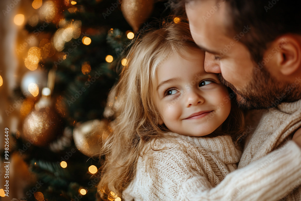 Generative AI image of mother father child couple family together by decorated Christmas tree holiday celebration themes Generative AI image of mother father child couple family together by decorated Christmas tree holiday celebration themes