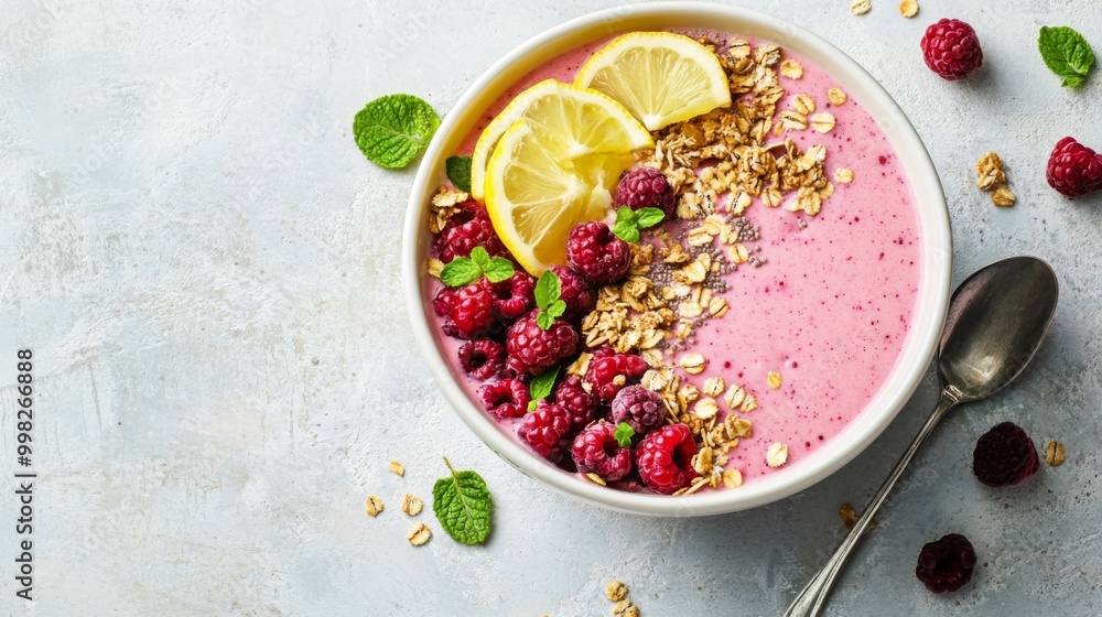 A refreshing smoothie bowl topped with slices of lemon, berries, and granola, beautifully presented against a light background, showcasing healthy eating options. A refreshing smoothie bowl topped with slices of lemon, berries, and granola, beautifully presented against a light background, showcasing healthy eating options.