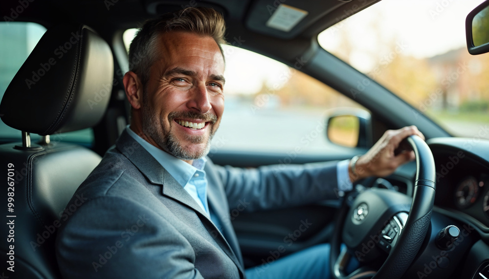 Positive middle aged businessman driving his luxury auto, looking through open window and smiling, going home after working day, car concept Positive middle aged businessman driving his luxury auto, looking through open window and smiling, going home after working day, car concept