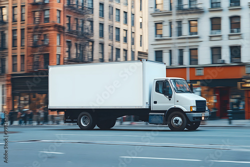 "Blank White Mockup on Small Truck: Mobile Advertisement on City Streets"