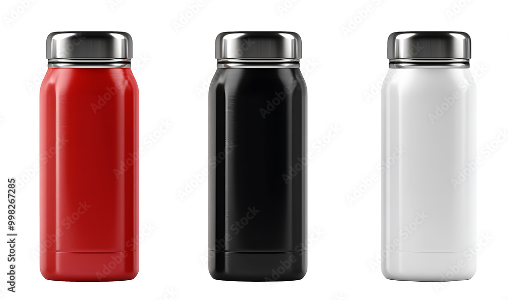 White, Black, Red and Silver Empty Glossy Metal Thermos Water Bottle Isolated on White background White, Black, Red and Silver Empty Glossy Metal Thermos Water Bottle Isolated on White background