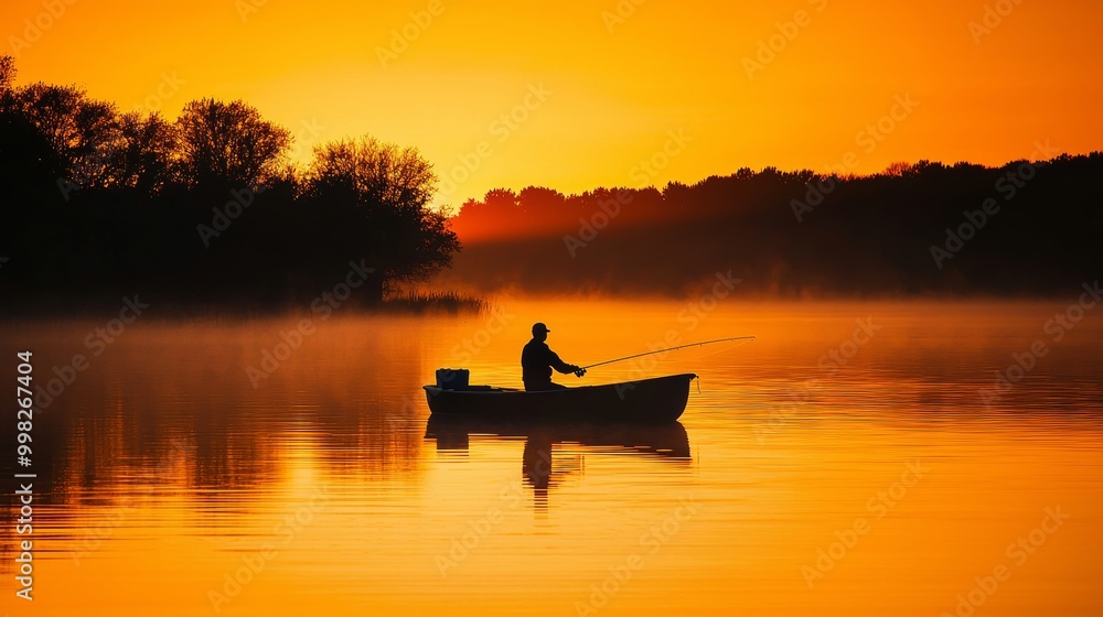 Silhouette of a man fishing from a boat at sunset, with a serene lake and orange sky backdrop, embodying the peace of evening angling. Silhouette of a man fishing from a boat at sunset, with a serene lake and orange sky backdrop, embodying the peace of evening angling.