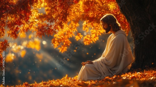 Photo of Jesus sitting beneath an autumn tree, fall colors, a peaceful scene of reflection