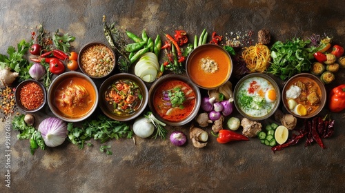 An artistic arrangement of various versions of including different levels of spiciness and additional ingredients, showcasing the versatility of this beloved Thai dish.