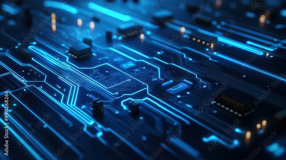 Blue glowing circuit board lines in a modern tech layout, illuminating the design with a futuristic feel. Blue glowing circuit board lines in a modern tech layout, illuminating the design with a futuristic feel.
