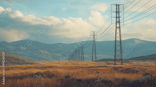 Power lines stretching across landscape. High voltage electricity transmission pylons