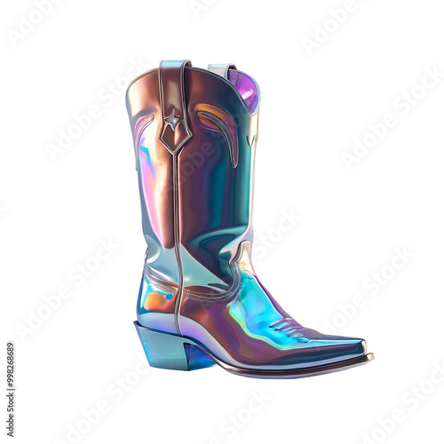 3D chrome element in Y2K style, isolated background, liquid holographic metal. Cowboy boot, shiny mirror surface.