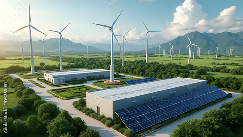 Aerial view of green energy storage facility, surrounded by wind farms and solar fields, integration of renewable sources AI Generative