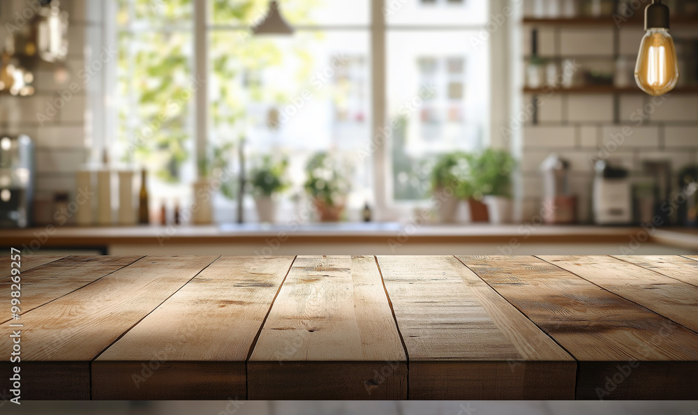 An empty, beautiful wooden table and a blurred modern kitchen interior in a clean home, providing a background for product display montage or branding with copy space. An empty, beautiful wooden table and a blurred modern kitchen interior in a clean home, providing a background for product display montage or branding with copy space.