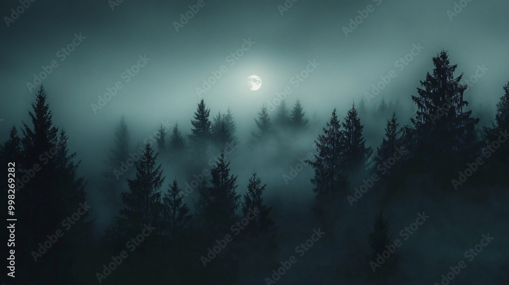 A full moon shines through the fog in a dark forest at night. A full moon shines through the fog in a dark forest at night.