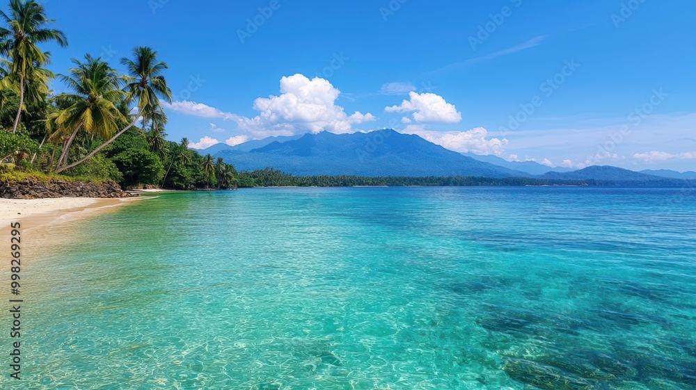 Picture of a beach with clear, clean sea and coconut trees Picture of a beach with clear, clean sea and coconut trees
