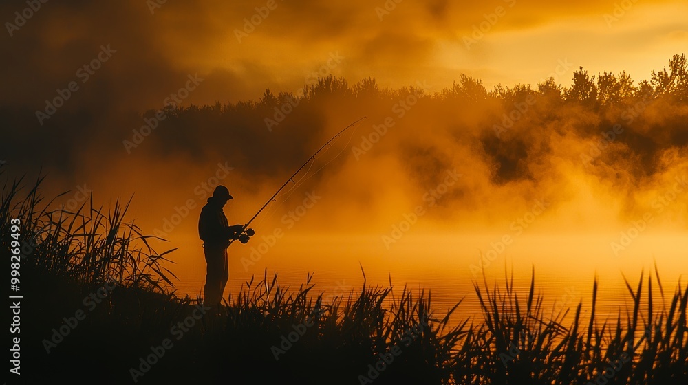 Fototapeta premium Silhouette of a fisherman at dawn, casting a line into a fog-covered river under a sunrise-lit sky, evoking peace and the mystical allure of fishing.