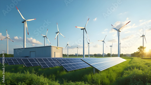 Aerial view of green energy storage facility, surrounded by wind farms and solar fields, integration of renewable sources AI Generative