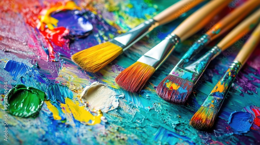 A palette filled with vibrant colors and paintbrushes rests near an abstract artwork where creative strokes come to life. Generative AI A palette filled with vibrant colors and paintbrushes rests near an abstract artwork where creative strokes come to life. Generative AI