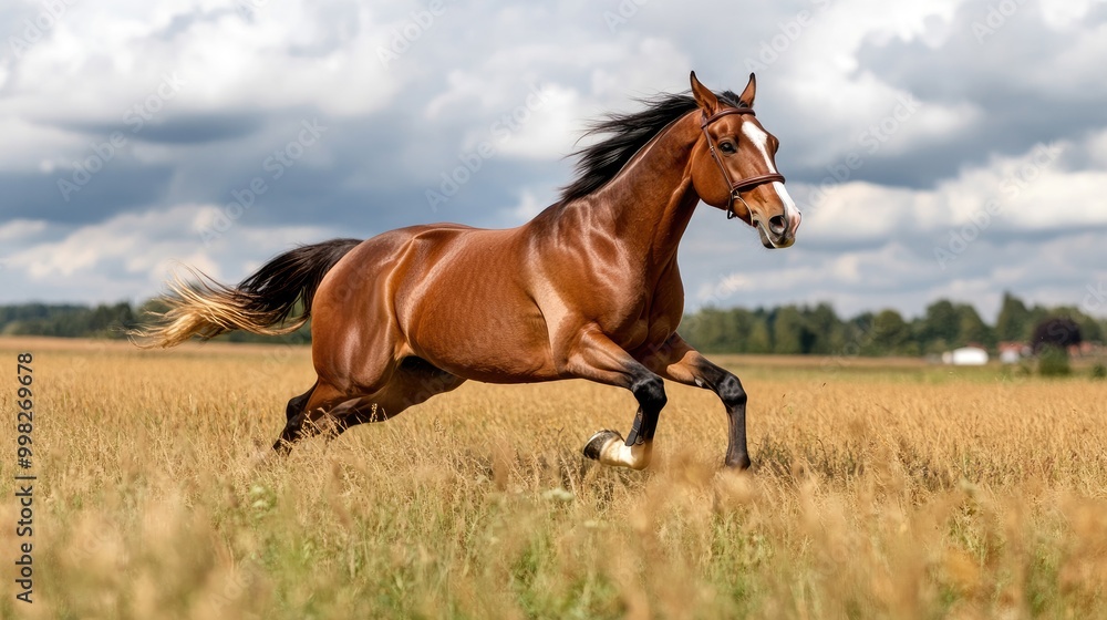 Obraz premium Galloping Horse in a Scenic Field Under Blue Sky