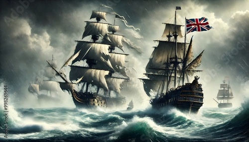 A pirate ship with tattered sails on the run from a British naval ship in high waters,