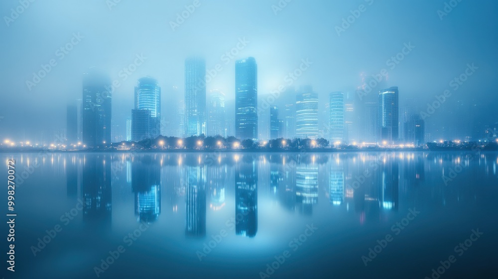 Obraz premium City skyline reflected in misty water, glowing lights creating a calm, modern urban scene with soft blue tones.