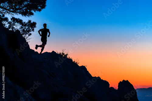 "Endurance in Motion: Silhouette of a Man Running Uphill"