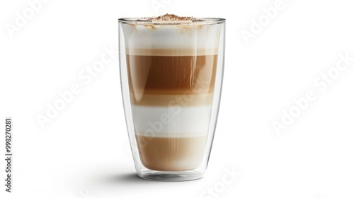 A cup of coffee. A trendy drink with whipped cream, coffee foam and milk in a double-glazed glass.