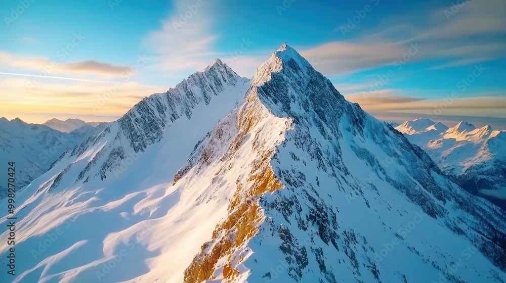 Obraz premium Sunrise sky with the first light touching snowy mountain peaks, ideal for winter sports and travel campaigns.