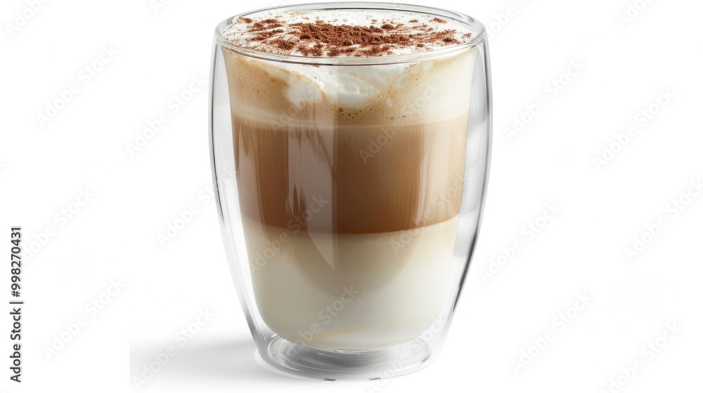 A cup of coffee. A trendy drink with whipped cream, coffee foam and milk in a double-glazed glass. A cup of coffee. A trendy drink with whipped cream, coffee foam and milk in a double-glazed glass.