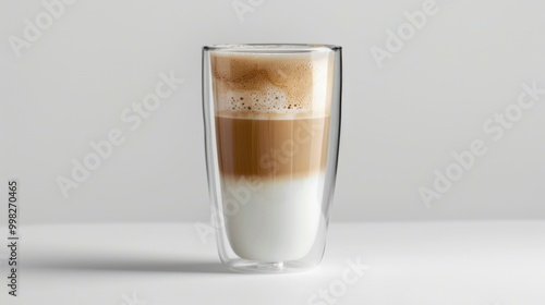 A cup of coffee. A trendy drink with whipped cream, coffee foam and milk in a double-glazed glass.