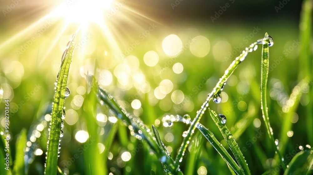 Fototapeta premium Dewy Grass Under Bright Morning Sunlight