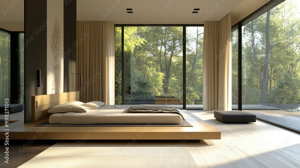 An elegant master bedroom with a minimalist aesthetic, showcasing a sleek platform bed, large windows, and neutral tones that enhance the feeling of spaciousness. An elegant master bedroom with a minimalist aesthetic, showcasing a sleek platform bed, large windows, and neutral tones that enhance the feeling of spaciousness.